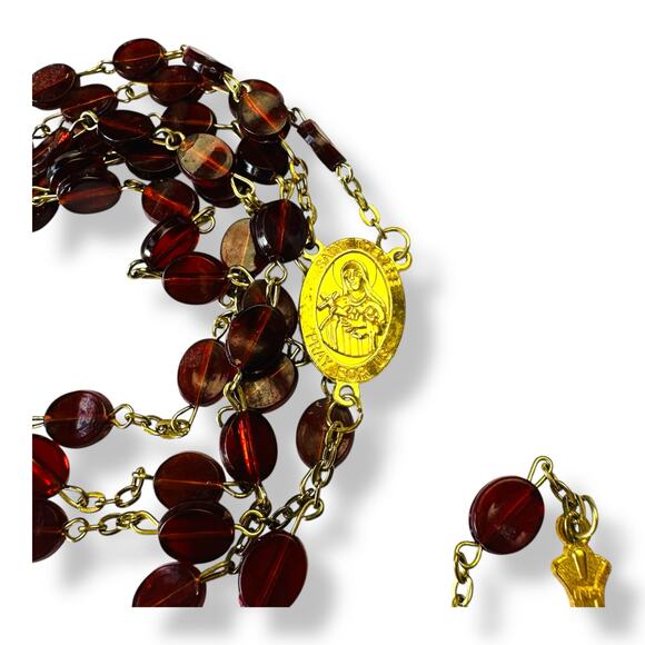 Vintage Rosary Necklace Red Flat Bead Prayer Beads Religious Collectible - Picture 4 of 5